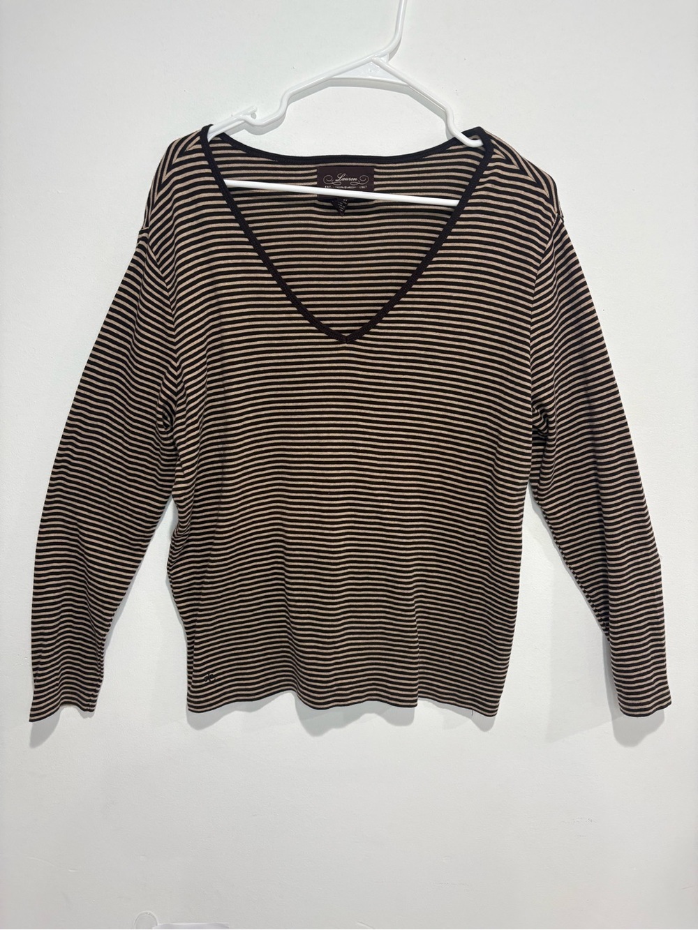 Ralph Lauren Black and Tan Striped V-Neck Long‎ Sleeve Tee